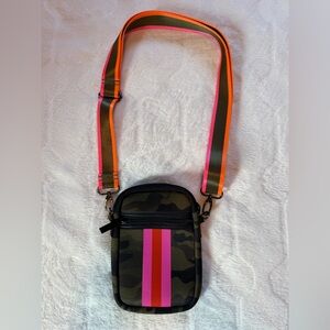 Haute Shore Neoprene Camouflage Crossbody Bag with Pink and Orange Stripes